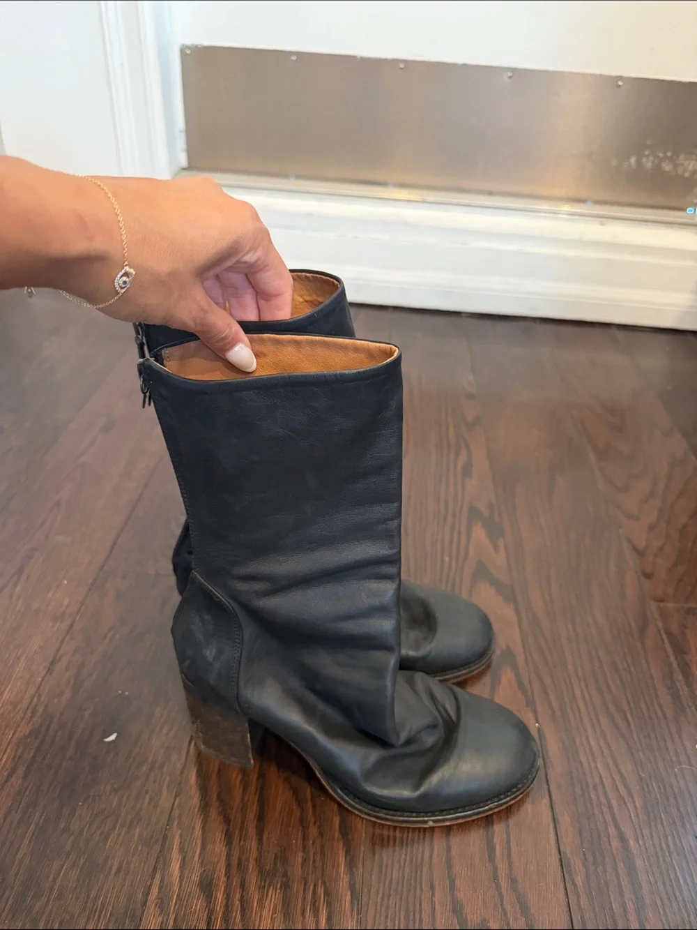 Free People Black Leather Heeled Pull-On Boots